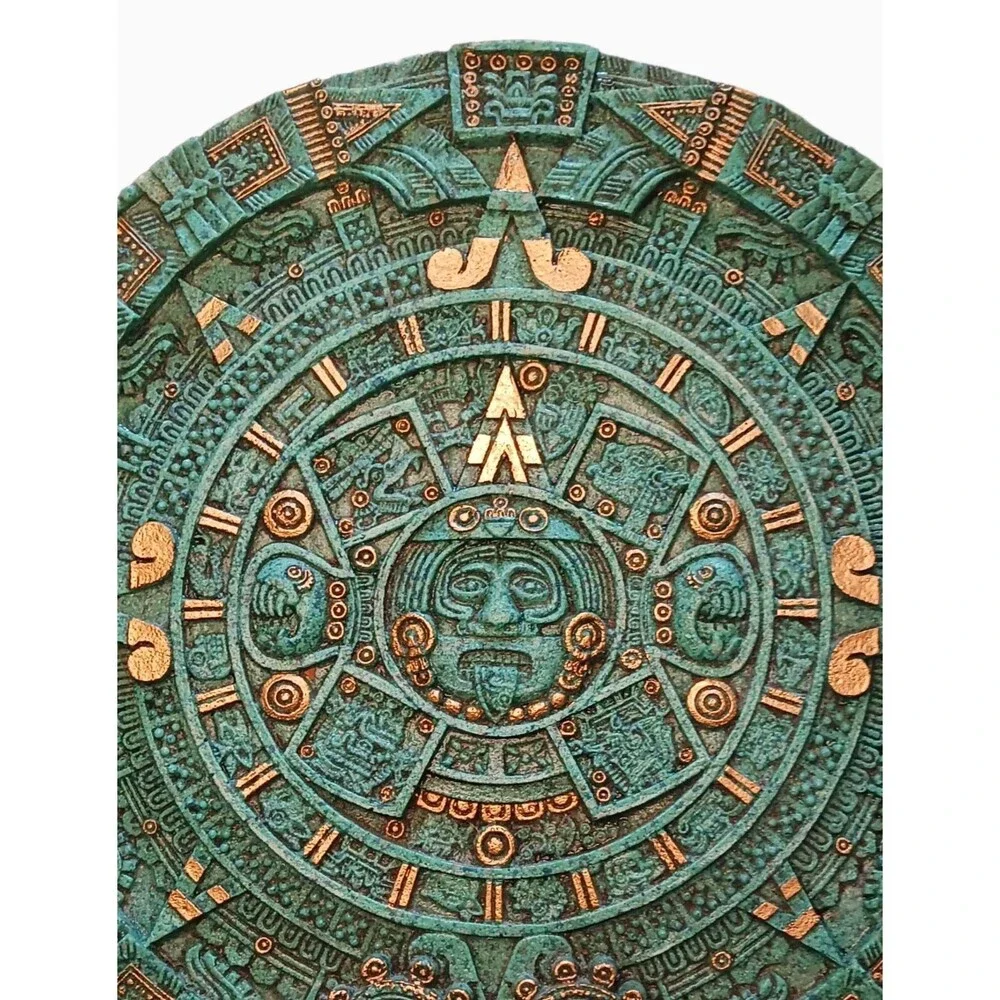 Vtg Large 17” Aztec Sun Wall Calendar Green Crushed Malachite Stone Mayan Felted